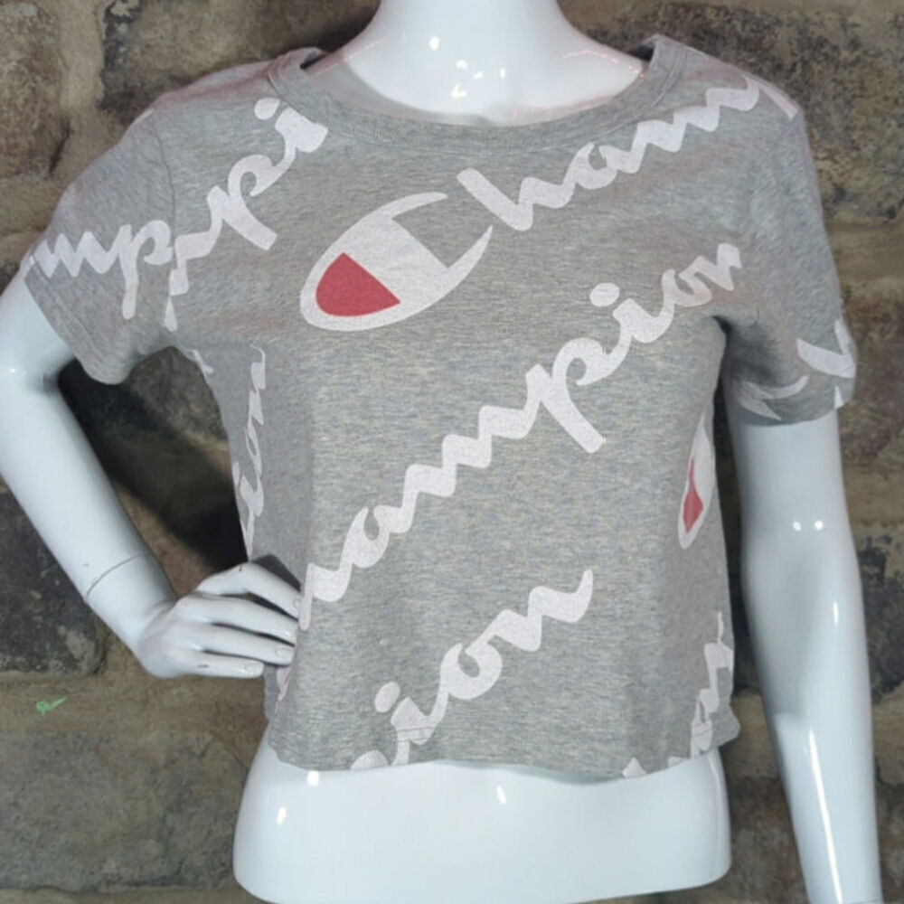Champion T Shirt Woman's Small Heritage Athletic Gray Cropped All Over Script